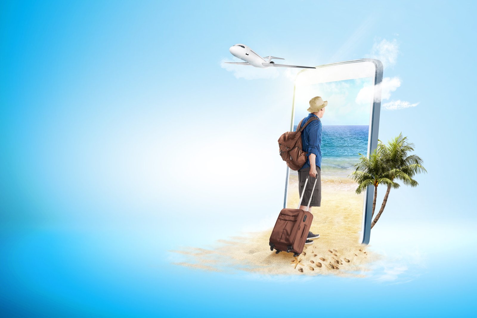 Mobile phone with blue background. From the phone screen comes rear view of asian man in hat with suitcase bag and backpack walking to the beach and plane flying on the sky to the outside. Traveling concept
